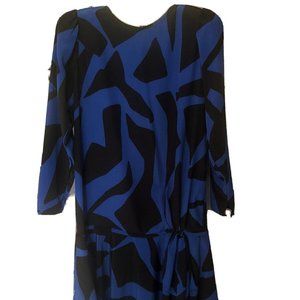 L Rothschild Long Sleeved Ladies Dress Royal Blue Black Graphic Drop Waist XL